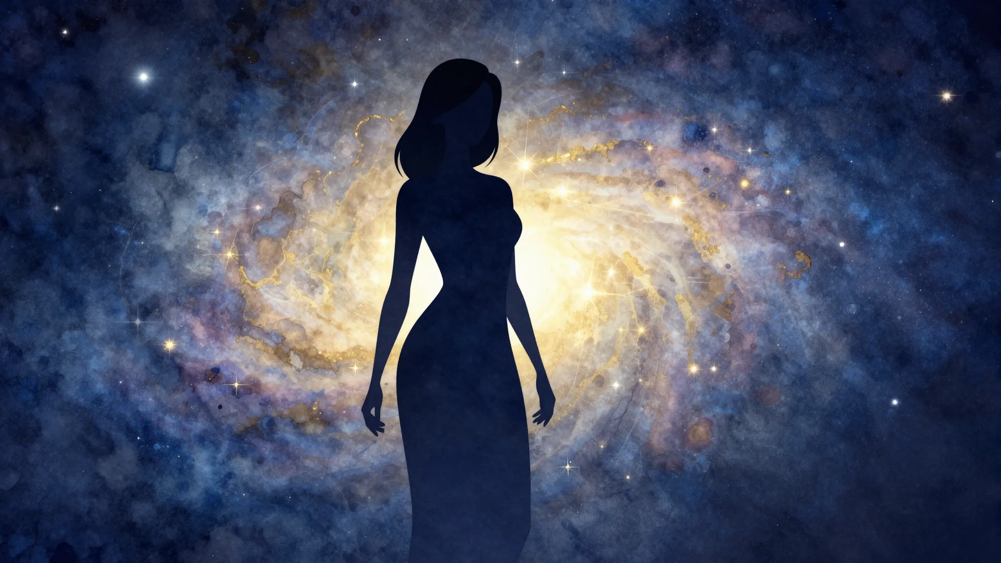 Watercolor style. A silhouette of a confident woman standing...