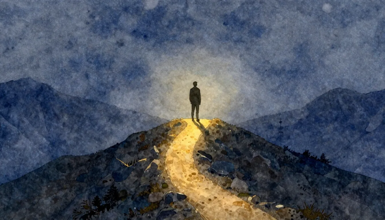 Watercolor style. A lone silhouette standing at a crossroads...