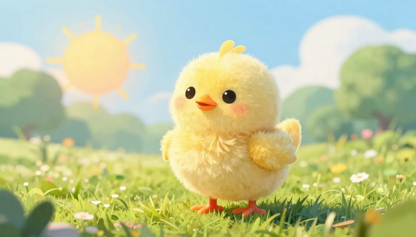 Watercolor style. A cute fluffy yellow chick standing on gre...