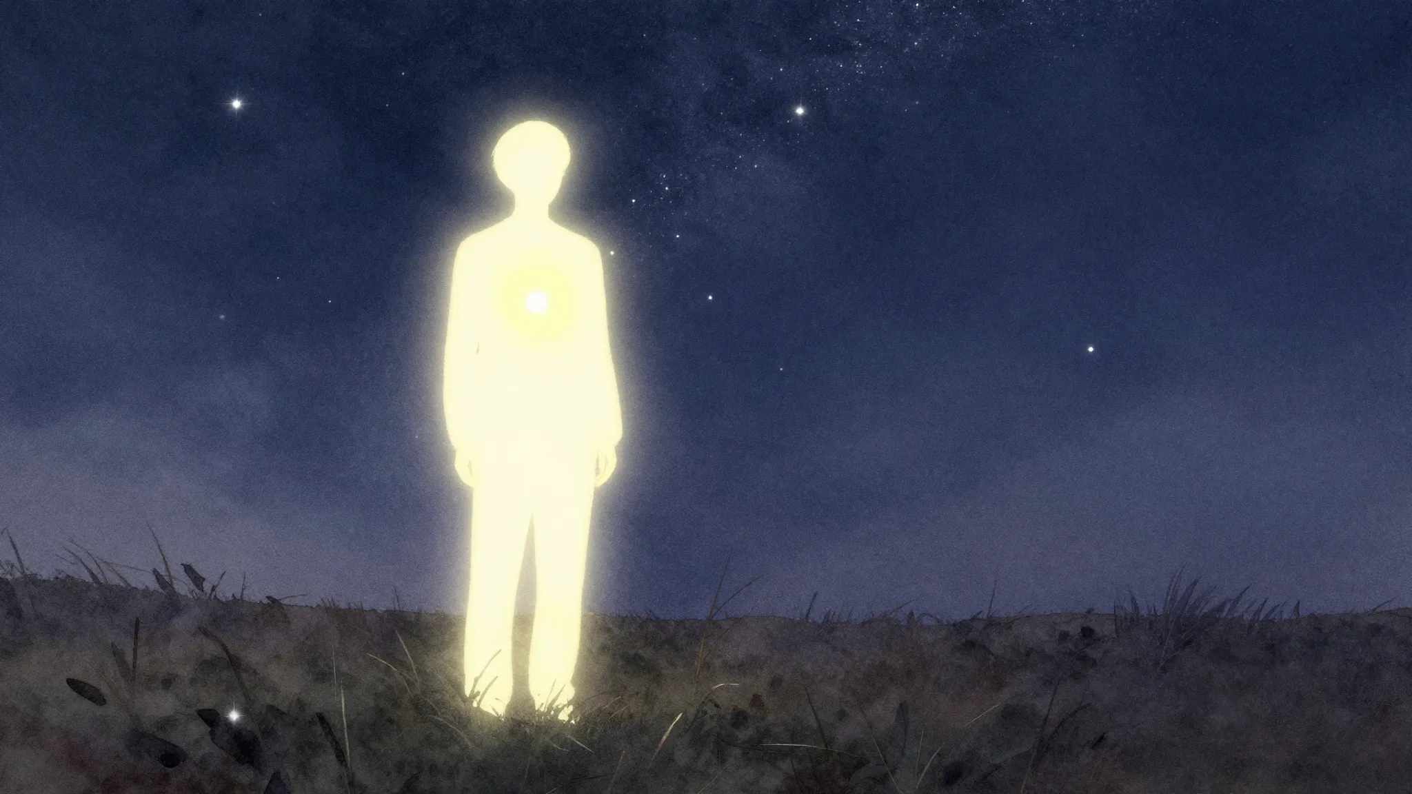 Watercolor style. A glowing silhouette of a person standing ...