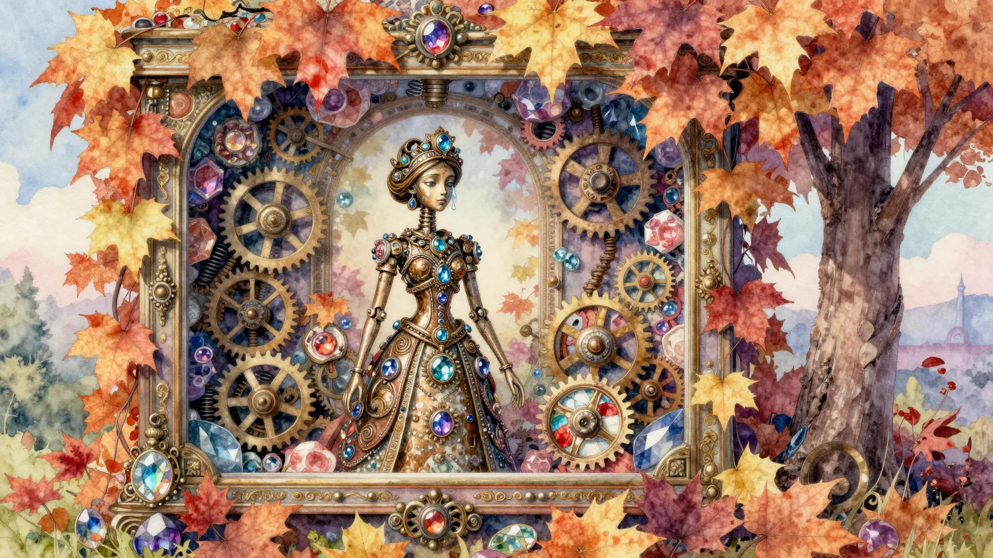 Watercolor style. A magical autumn house covered in colorful...