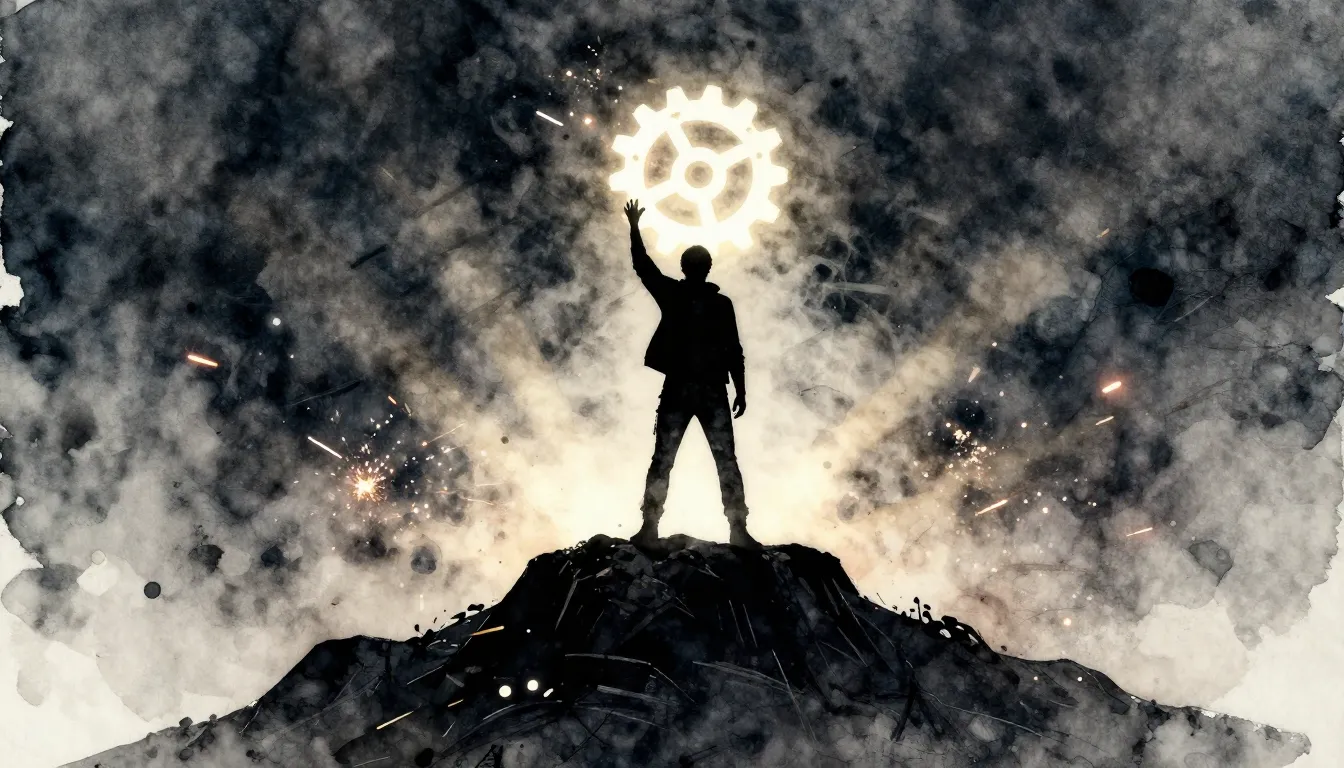 Watercolor style. A dark silhouette of a person standing on ...