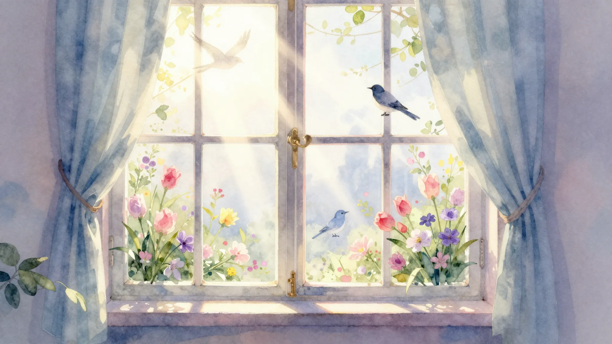 Watercolor style. A bright sunbeam shining through a window,...