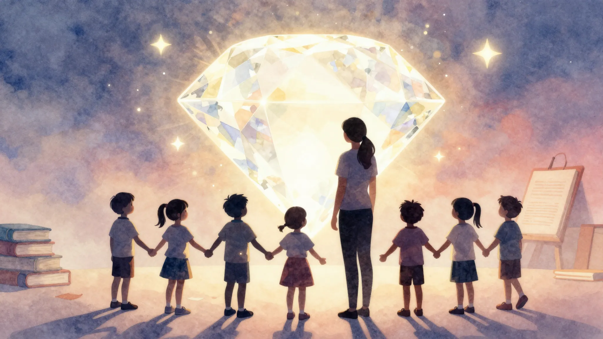 Watercolor style. A silhouette of a teacher and small childr...