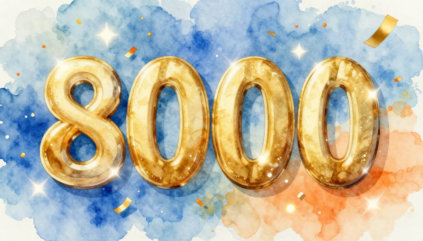 Watercolor style. A stylized 3D golden number 80000 floating...