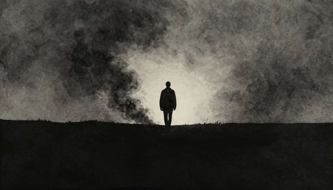 Watercolor style. A dark silhouette of a lone figure walking...
