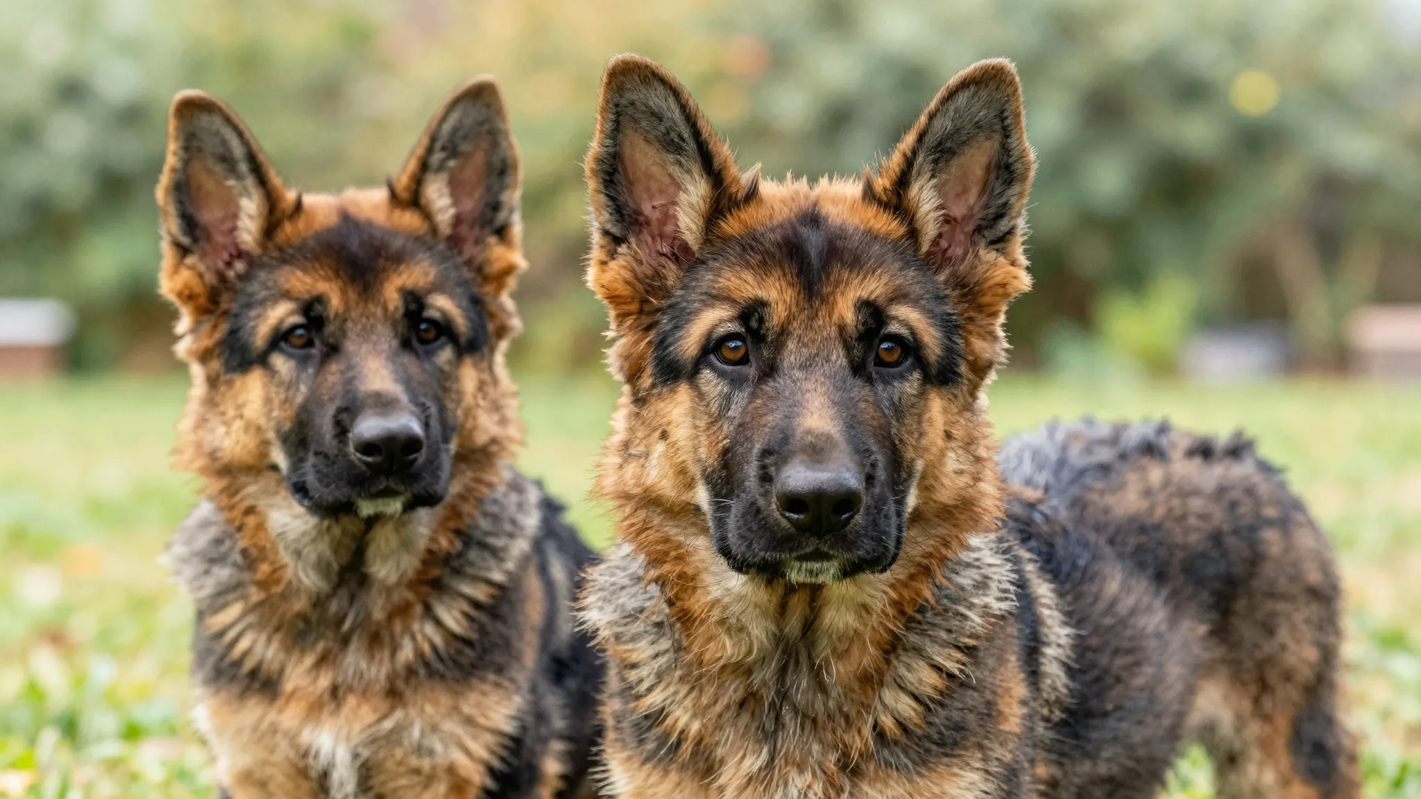 Watercolor style. A close-up of two German Shepherd puppies,...