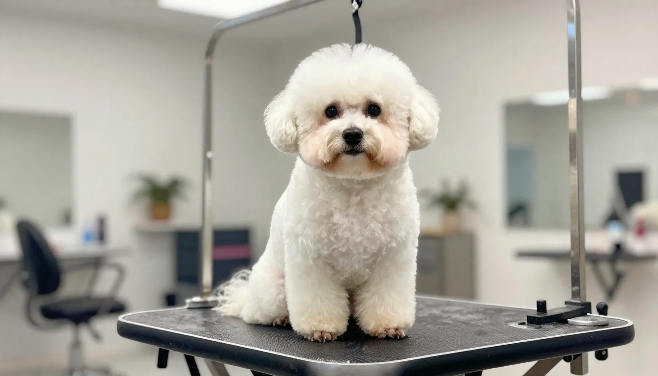 Watercolor style. A fluffy, perfectly groomed dog sitting pr...