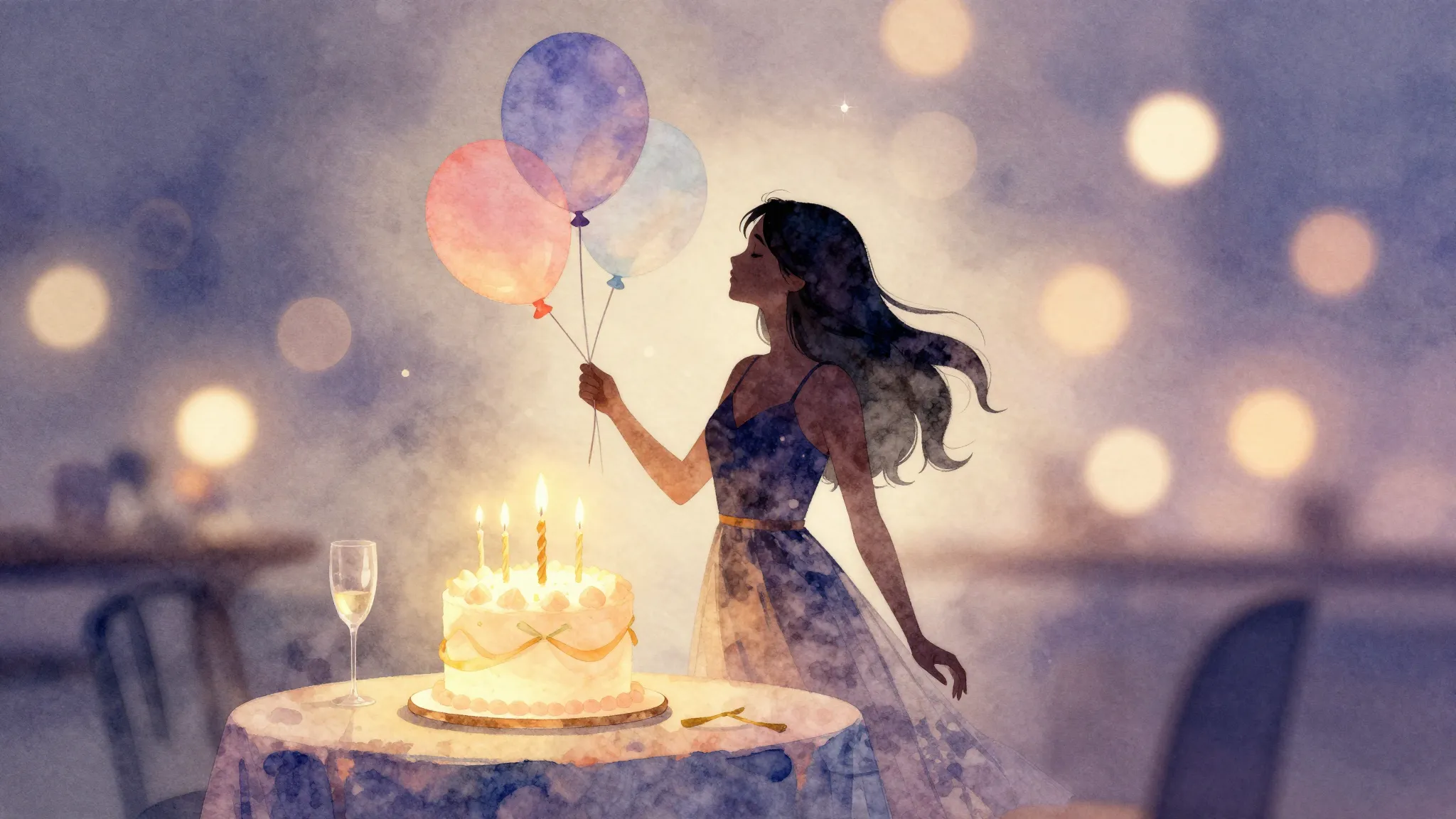 Watercolor style. A festive birthday scene with a silhouette...