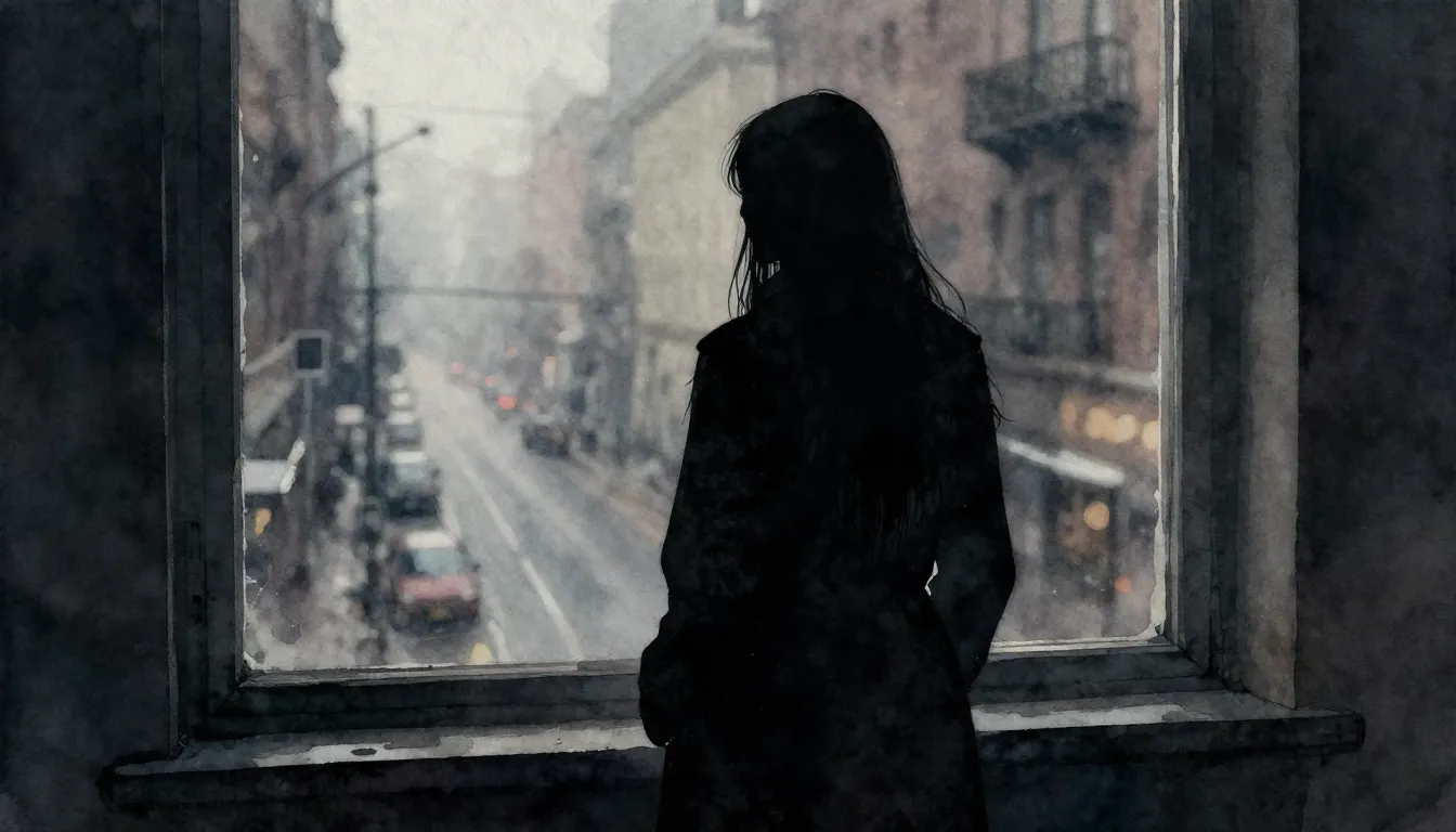 Watercolor style. A mysterious silhouette standing by a wind...