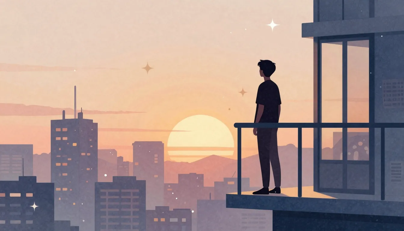 Watercolor style. A silhouette of a person standing on a bal...