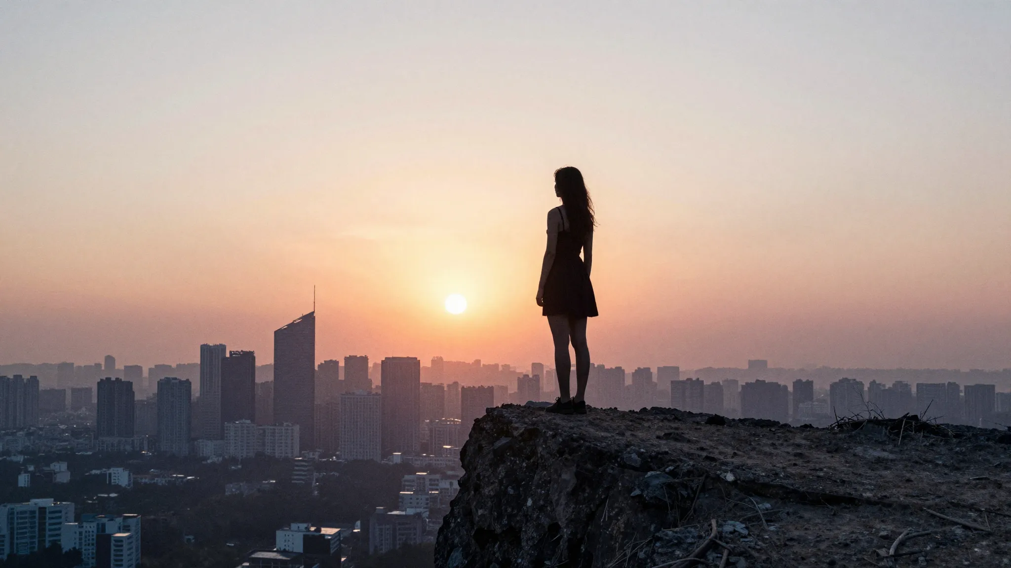 Watercolor style. A dark silhouette of a woman standing on a...