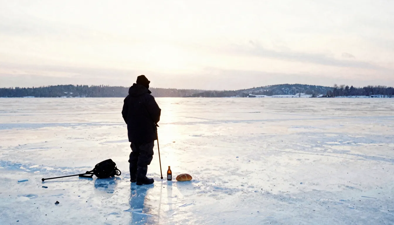 Watercolor style. Silhouette of a fisherman on a vast frozen...