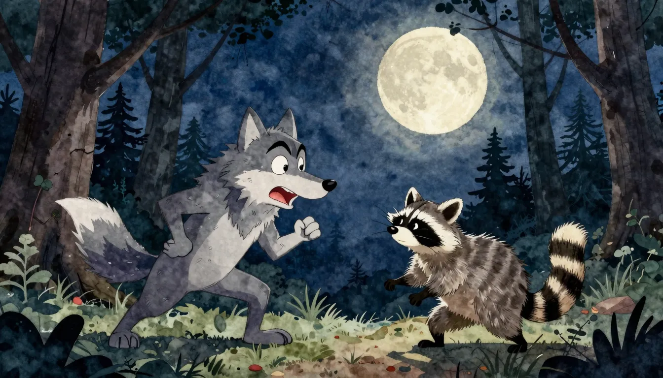 Watercolor style. A cartoon gray wolf and a striped raccoon ...