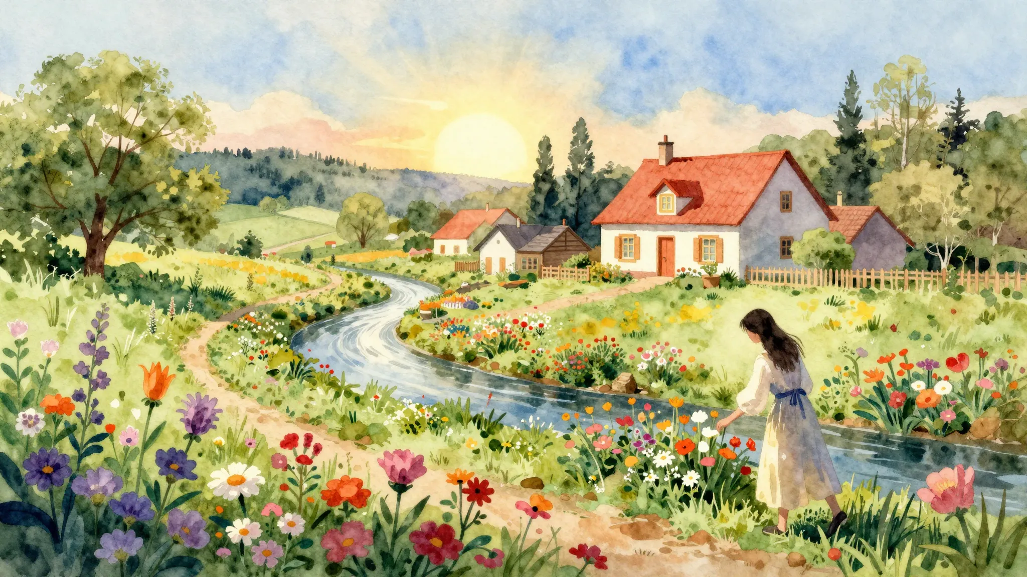 Vibrant watercolor style. Folk song album cover. Rural lands...