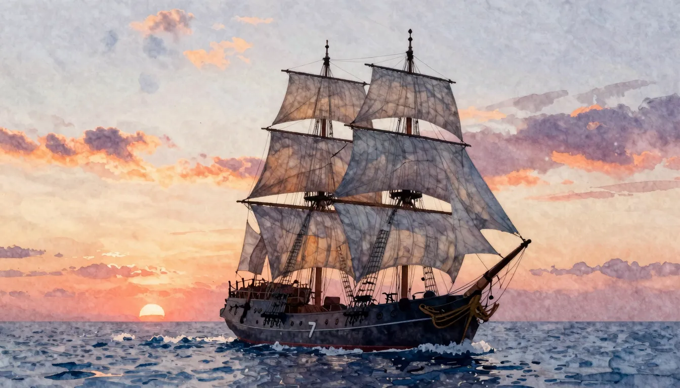 Watercolor style. A majestic tall ship with sails full of wi...