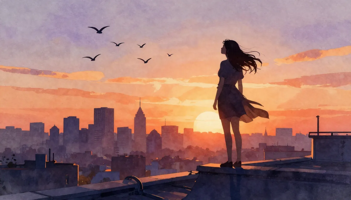 Watercolor style. Silhouette of a woman standing on a roofto...