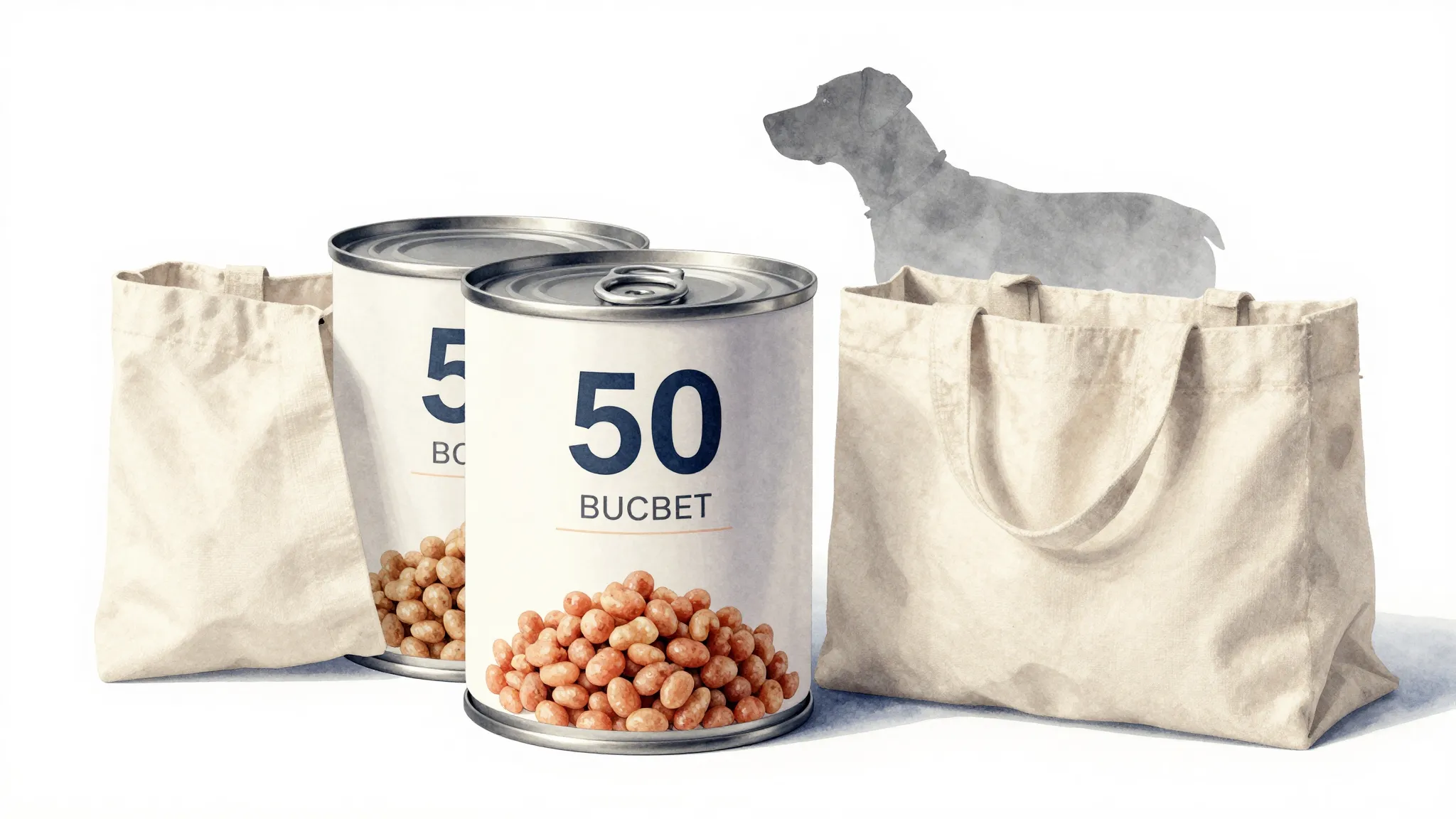 Watercolor style. Two large 850g metal cans of pet food stan...