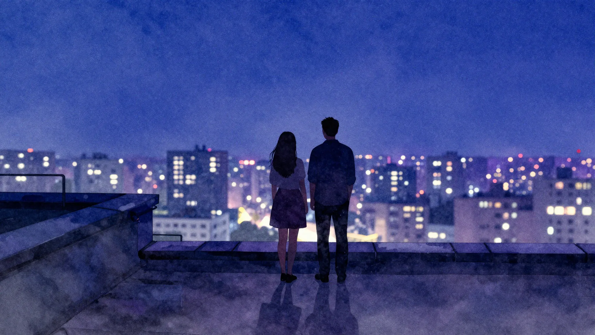 Watercolor style. Silhouette of a couple standing on a rooft...