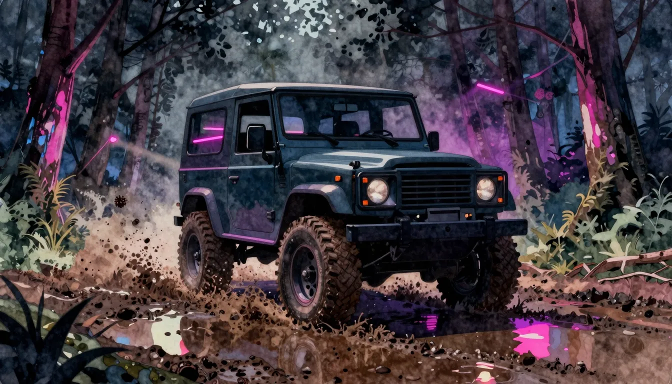 Watercolor style. A silhouette of a classic 4x4 off-road veh...