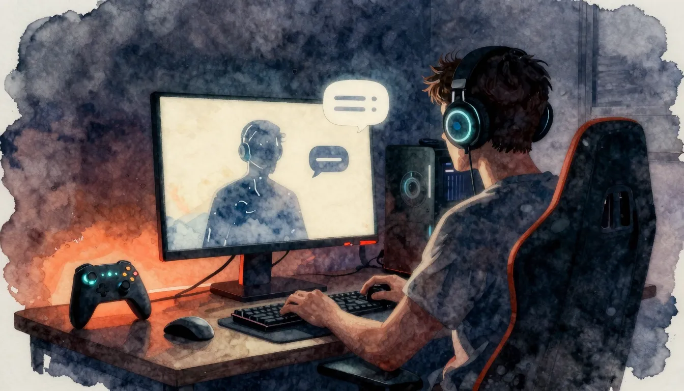 Watercolor style. A cozy gaming setup in a dark room illumin...