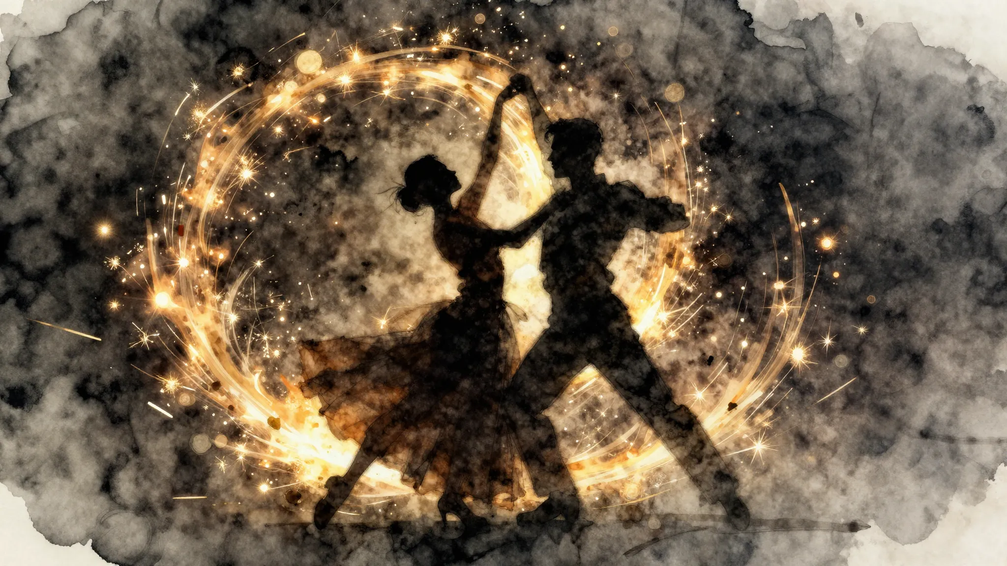 Watercolor style. Two dark silhouettes of dancers in a whirl...