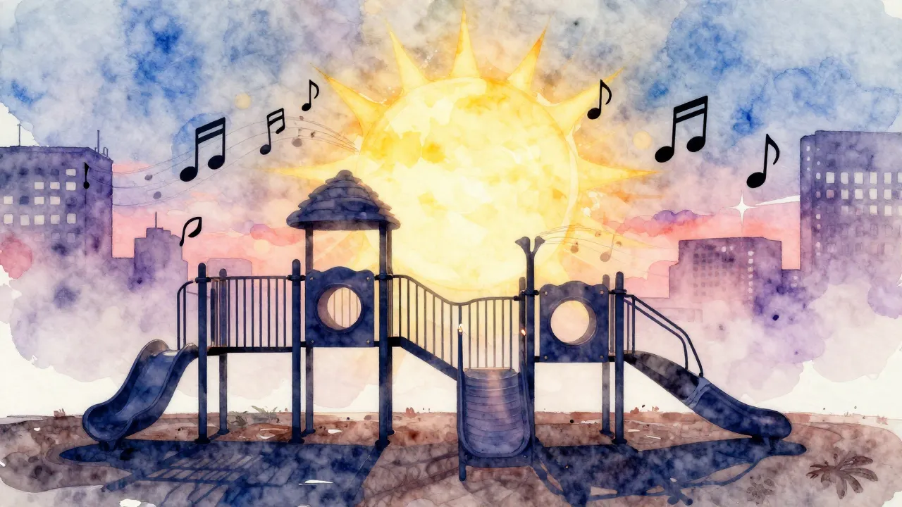 Watercolor style. Silhouette of a modern playground with a l...