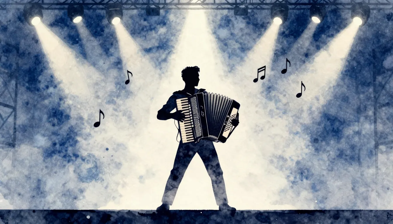 Watercolor style. Silhouette of a man playing an accordion o...