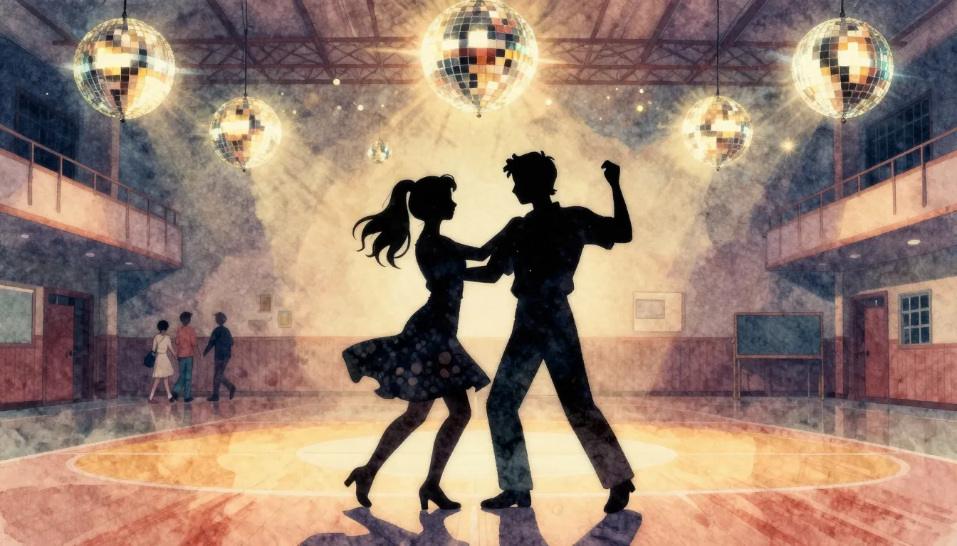 Watercolor style. Silhouettes of two people dancing in a 198...