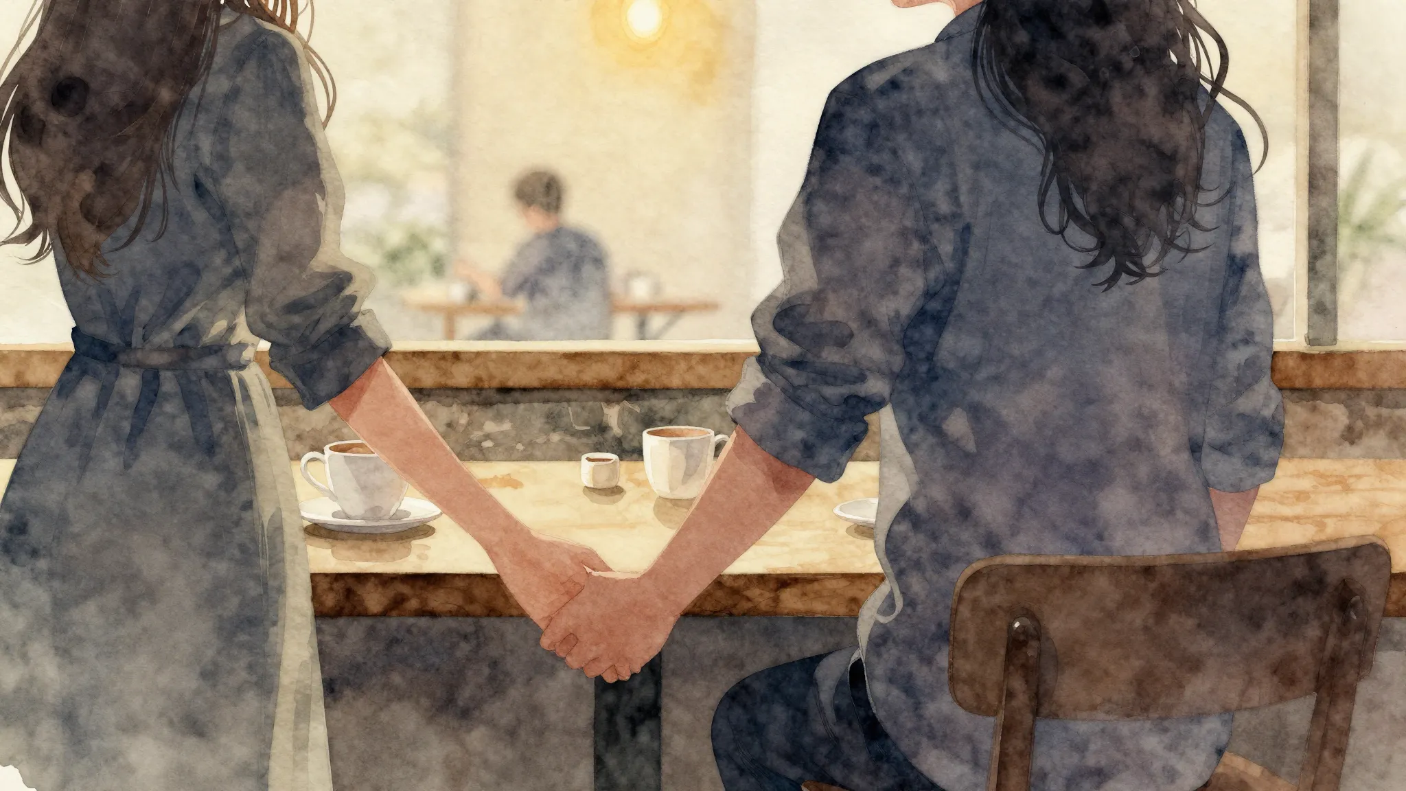 Watercolor style. Silhouette of a couple holding hands in a ...