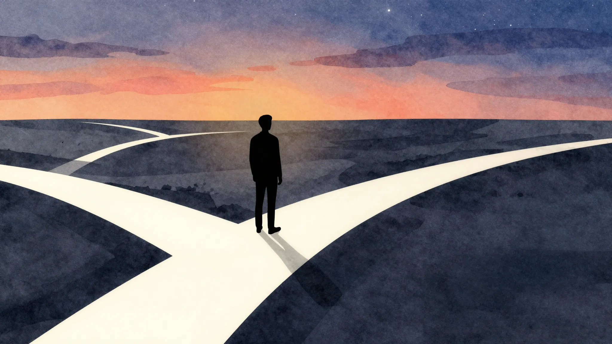 Watercolor style. A silhouette of a person standing at a cro...