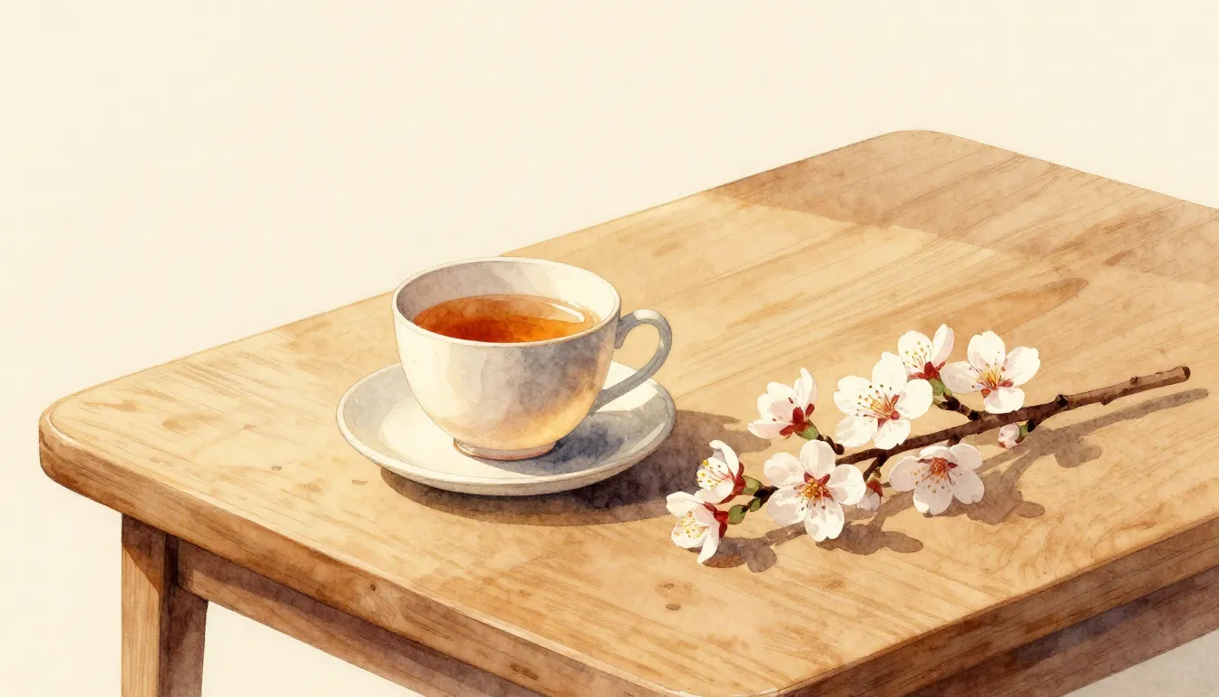 Watercolor style. A cozy wooden table with a cup of tea and ...
