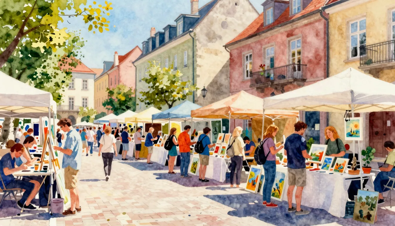 Watercolor style. A vibrant, colorful outdoor art fair in a ...
