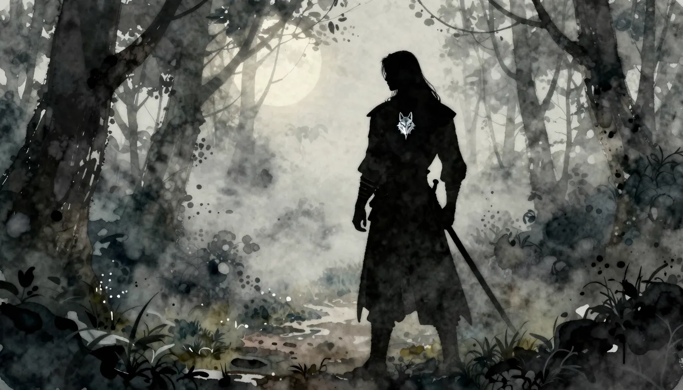 Watercolor style. A dark silhouette of a long-haired warrior...