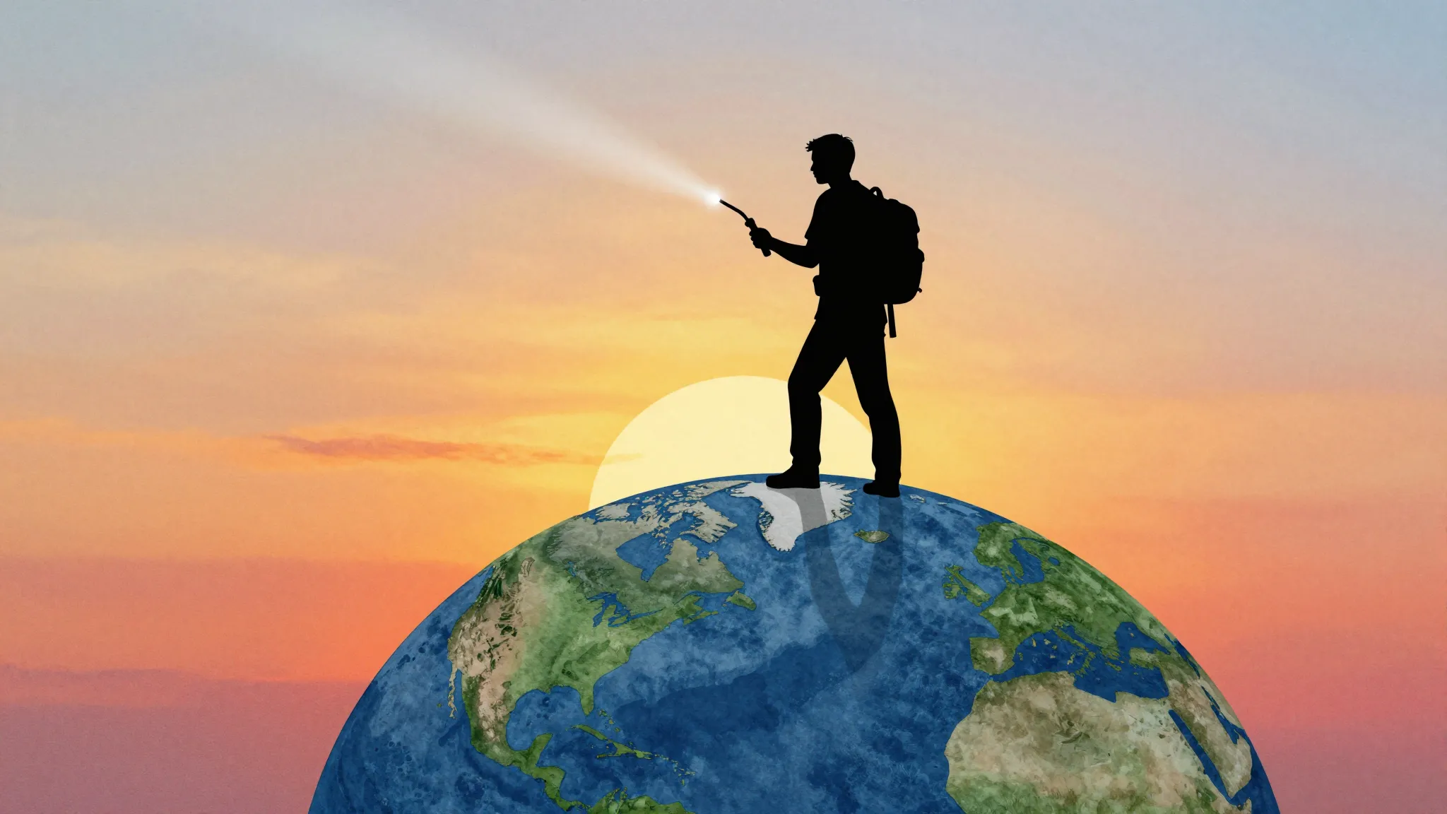 Watercolor style. Silhouette of a man with a backpack standi...