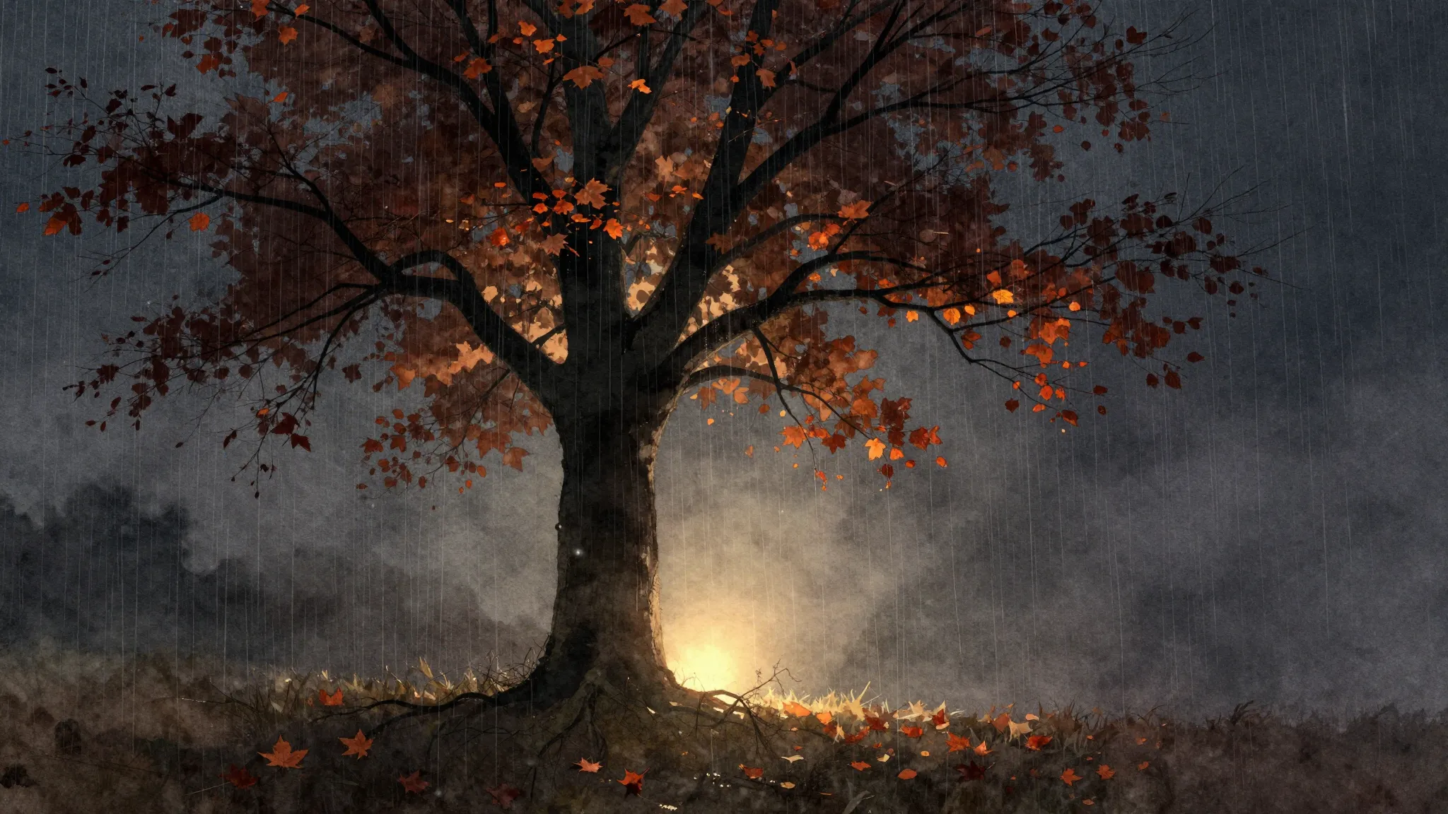 Watercolor style. A silhouette of a lonely tree in autumn ra...
