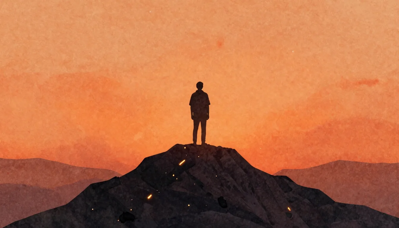 Watercolor style. A dark silhouette of a person standing on ...