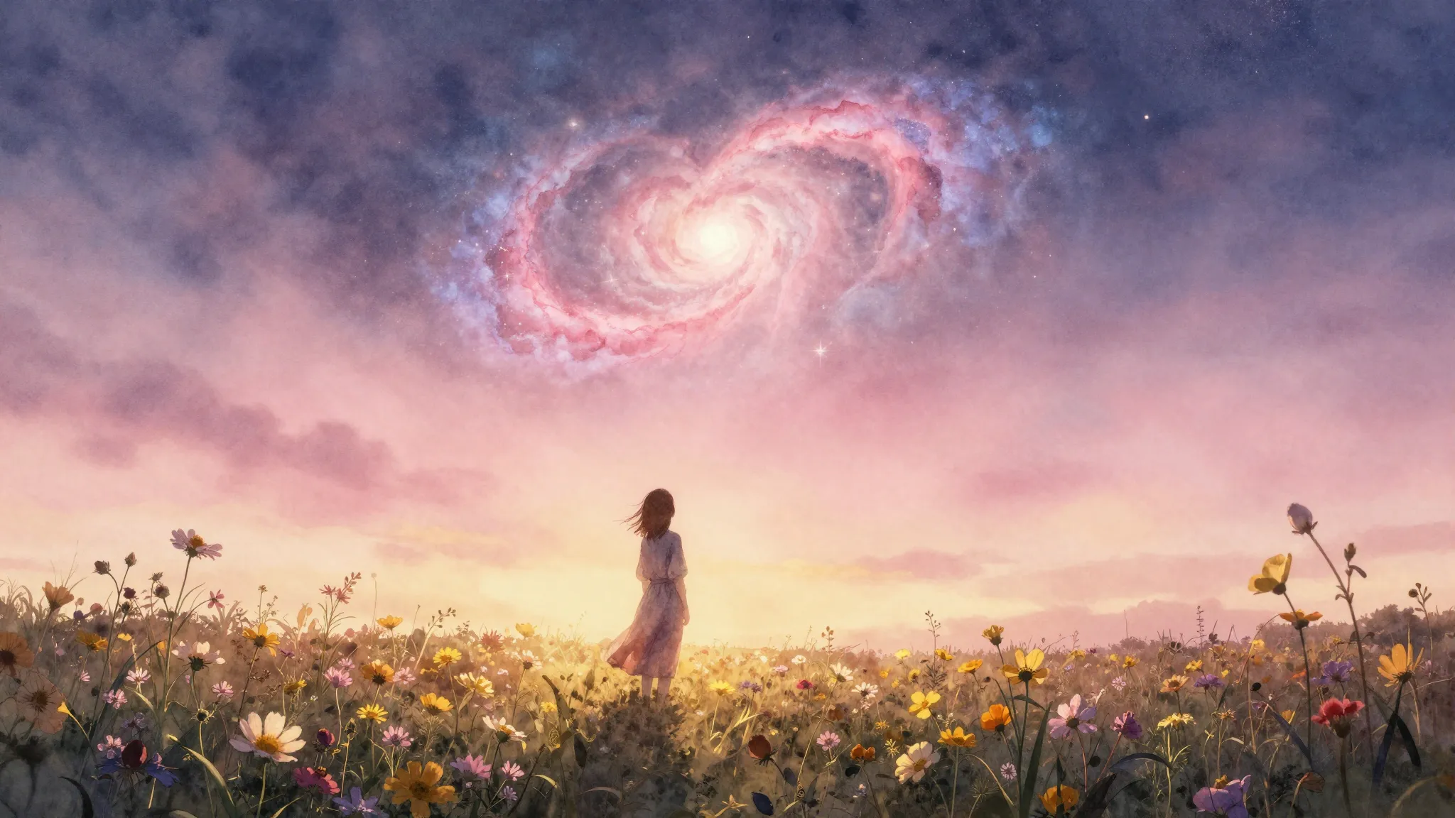 Watercolor style. A dreamy, ethereal sunset background with ...