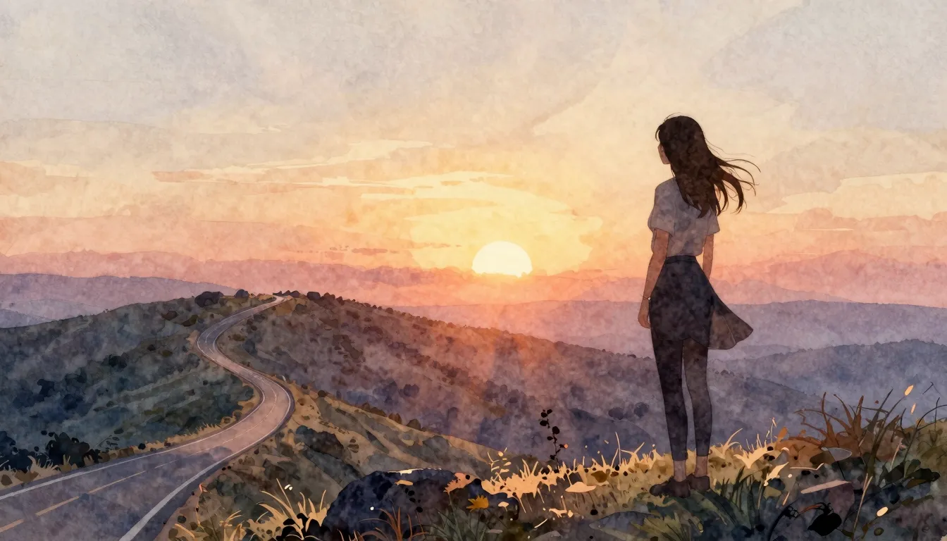 Watercolor style. A silhouette of a woman stands on a hill, ...