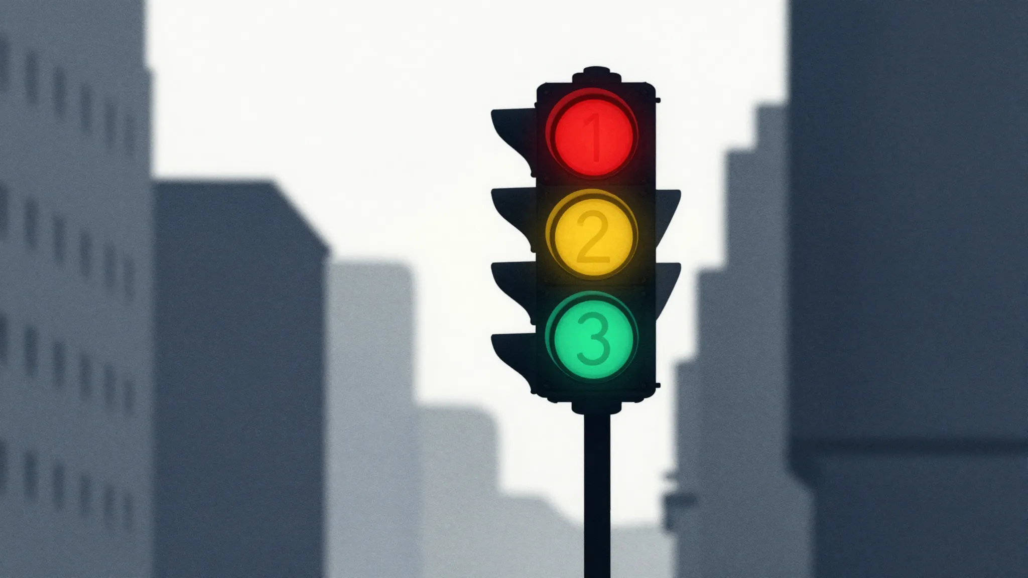 Watercolor style. A bright traffic light with glowing red, y...
