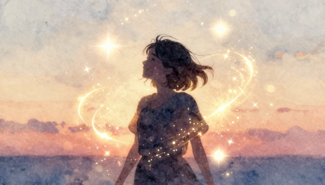 Watercolor style. A silhouette of a happy person surrounded ...