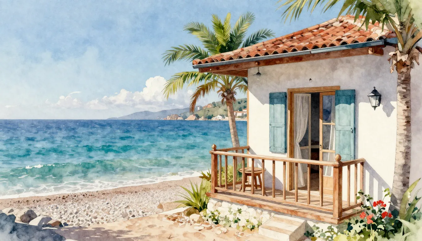 Watercolor style. A cozy coastal guest house with a balcony ...