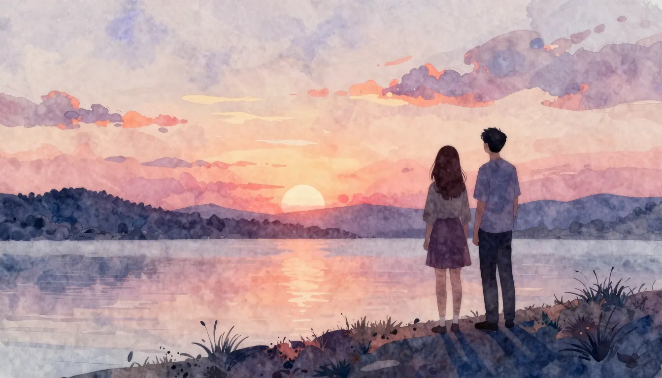 Watercolor style. A silhouette of a couple standing on a hil...