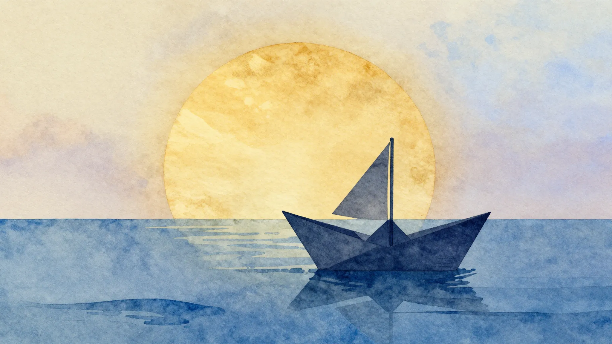 Watercolor style. Silhouette of a small paper boat sailing o...