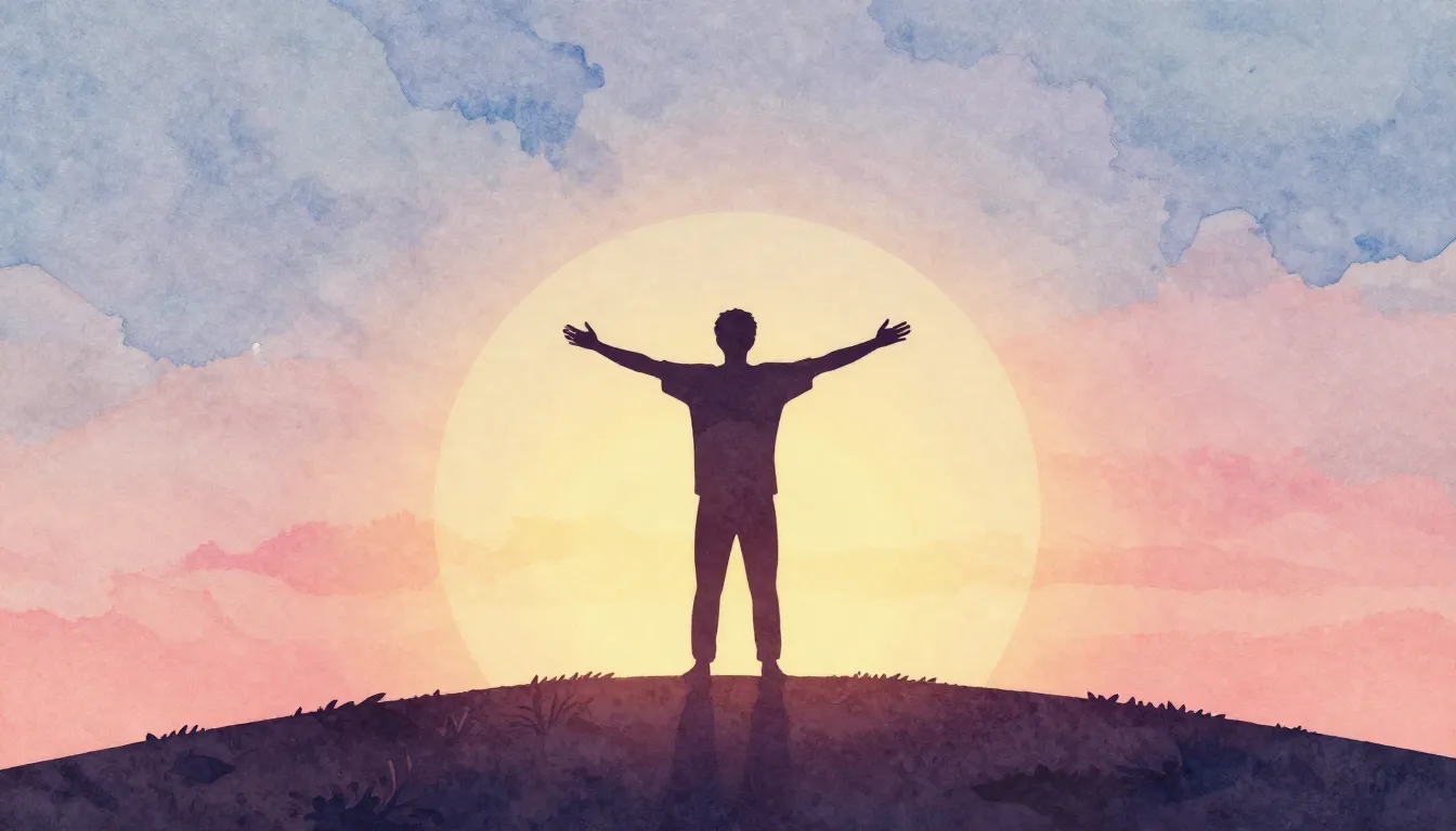 Watercolor style. A silhouette of a person standing on a hil...