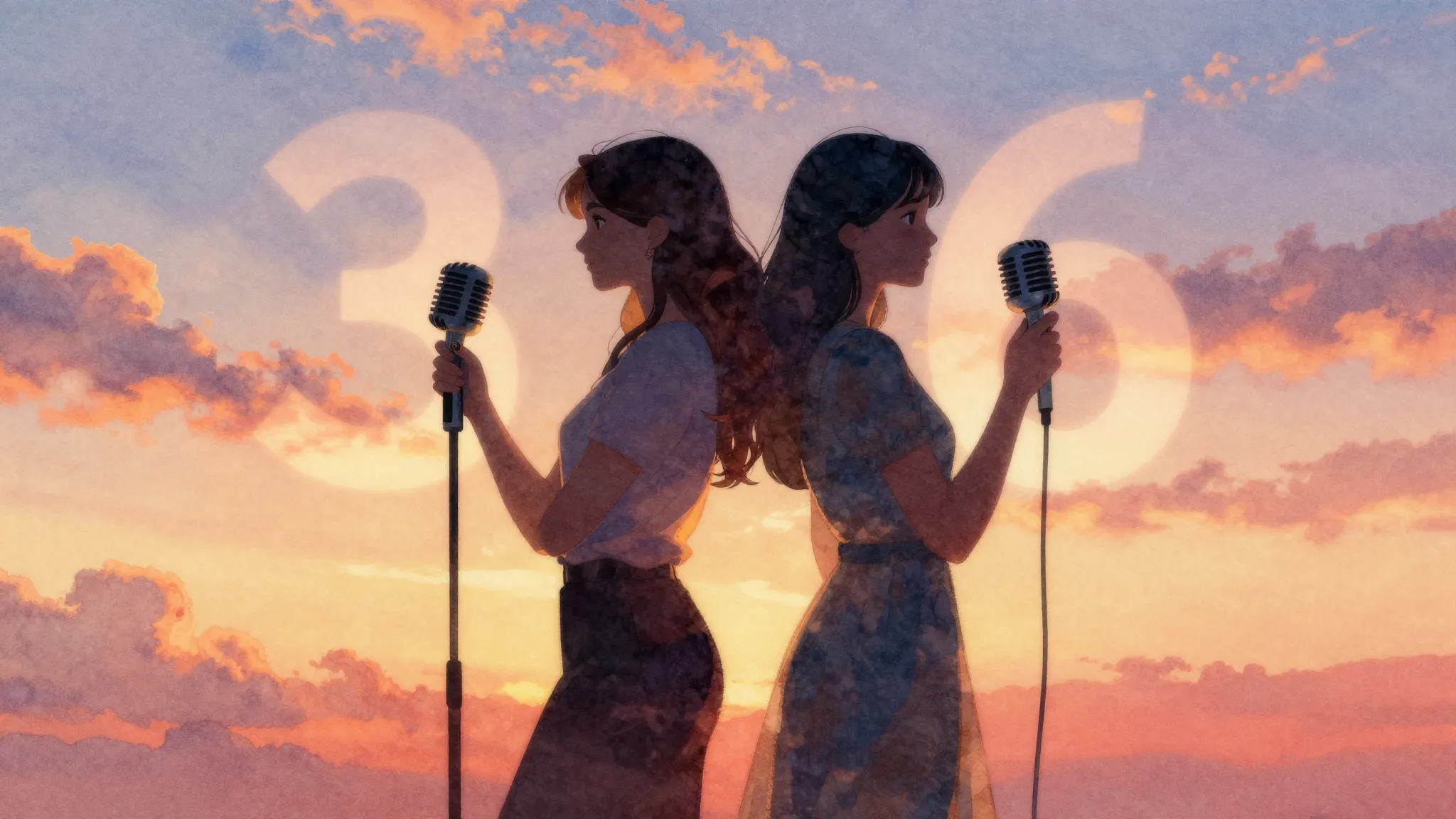 Watercolor style. Two female silhouettes standing back to ba...