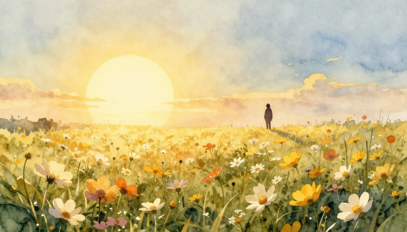 Watercolor style. A bright golden sun rising over a peaceful...