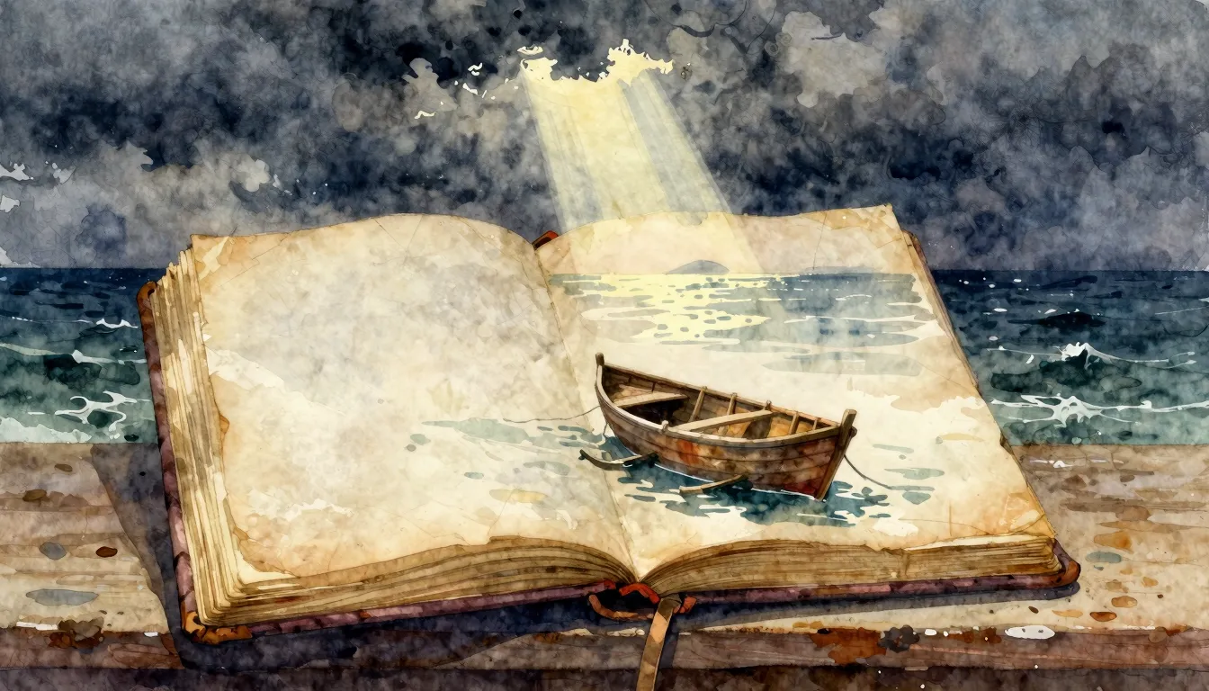 Vibrant watercolor style. A weathered, ancient notebook on a...