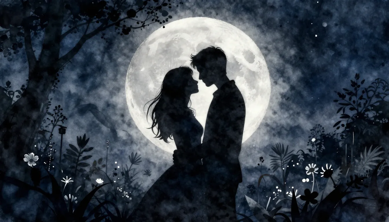 Watercolor style. Silhouette of a couple embracing under a l...