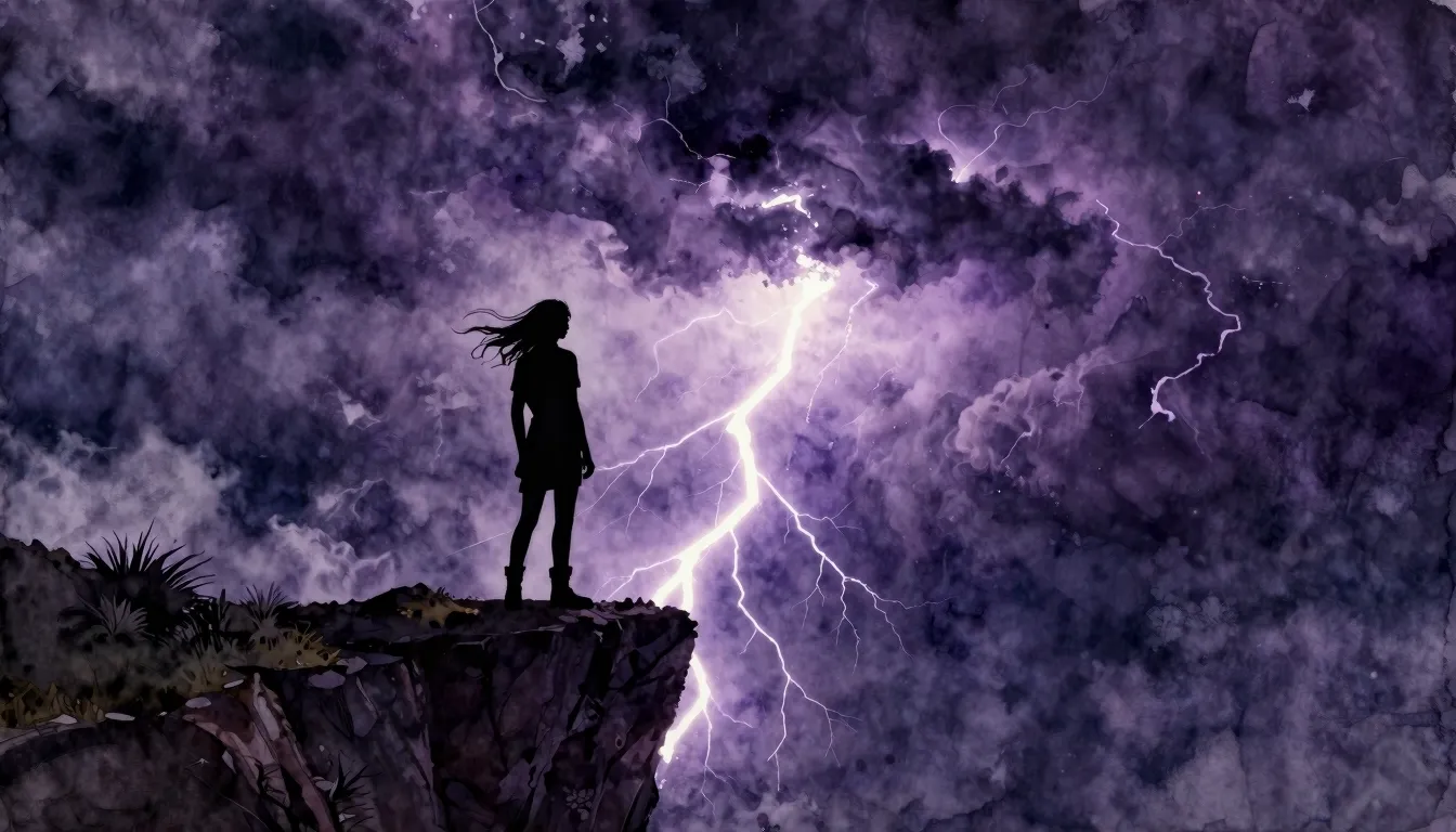Watercolor style. A lone silhouette stands on a cliff edge a...